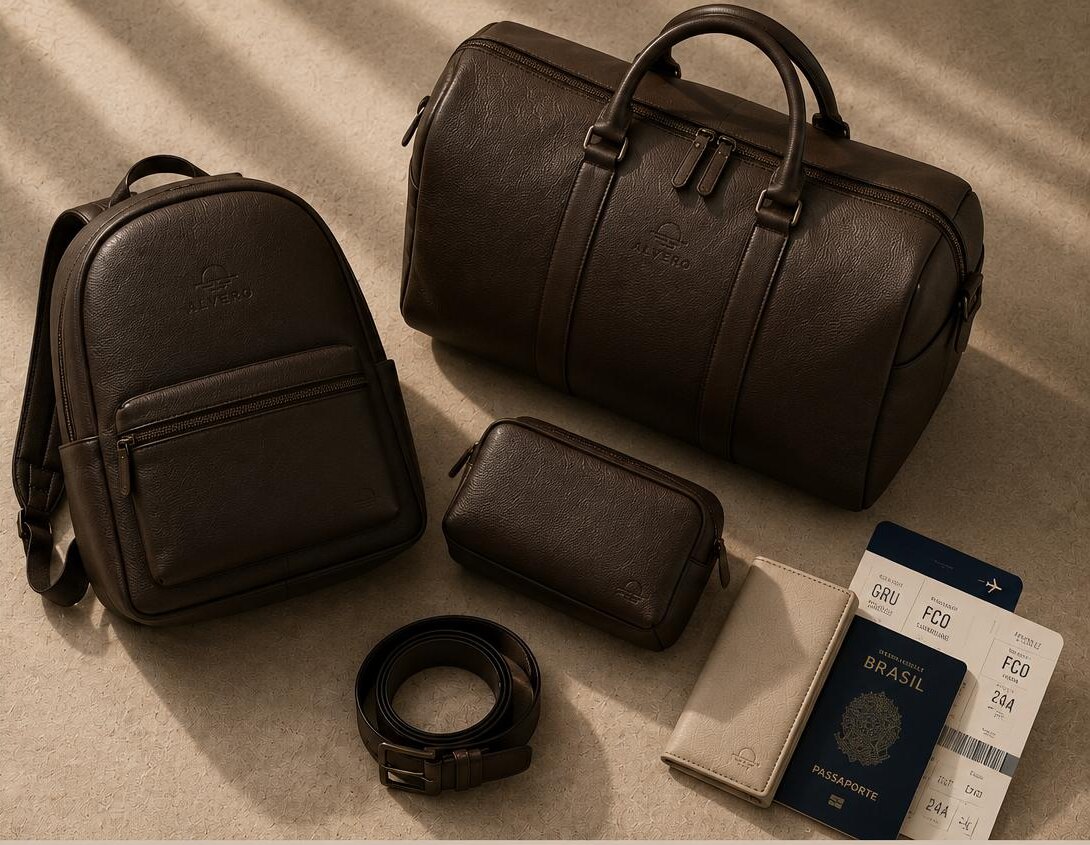 Mochila, bolsa weekender, nécessaire, cinto e porta-passaporte em couro